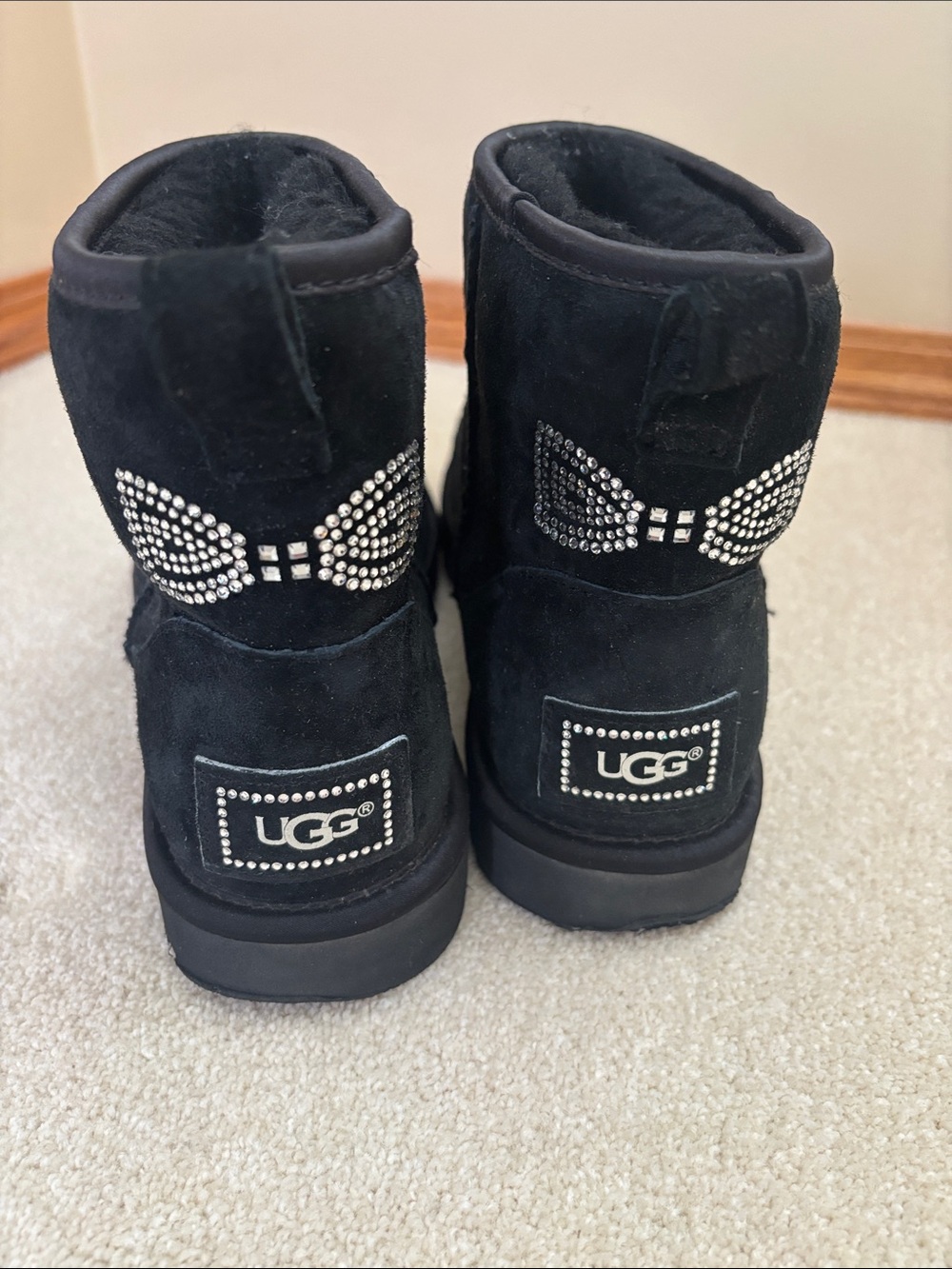 UGG Black Mini Boots with Crystal Bow Detail